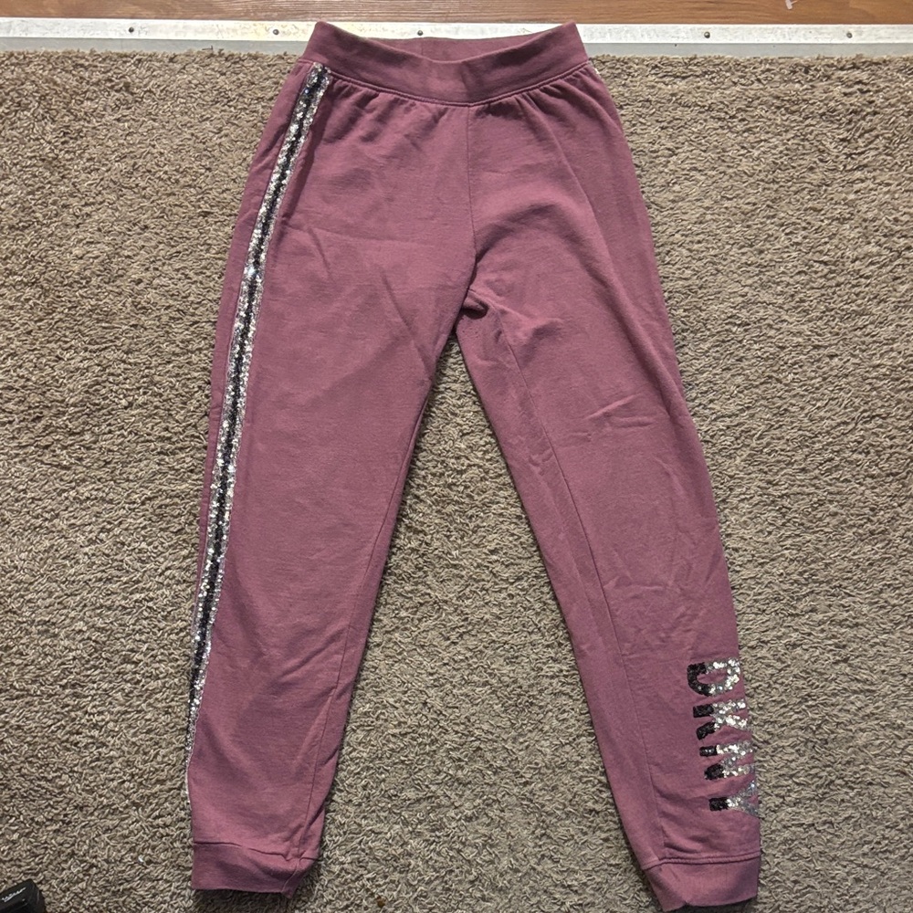 DKNY Junior Size 14/16 Purple Sweatpant Joggers Sequin Striped and Logo Like New
